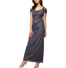 Alex Evenings Women's Long Glitter Mesh Cold Shoulder Dress (Petite and Regular)